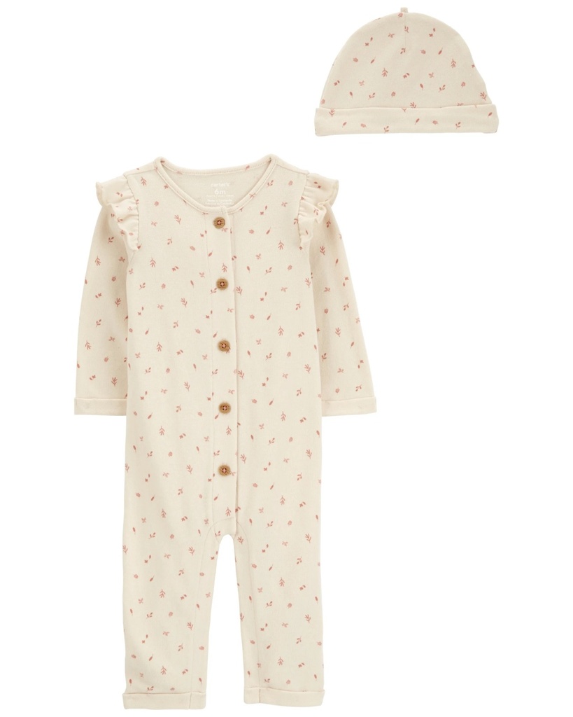 Monito Y Gorro Estampado Algodón Beige Hojas 3M Carters