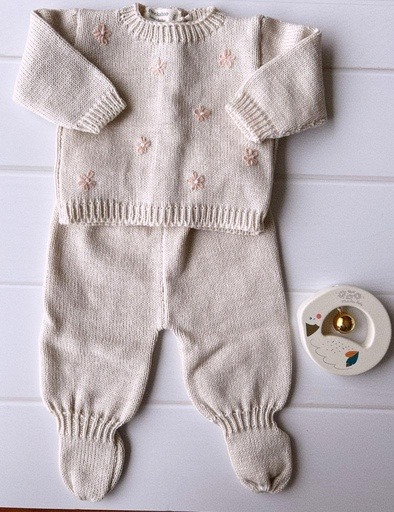 Set batita y pelele tejido Beige Margaritas rosa RN Peekab