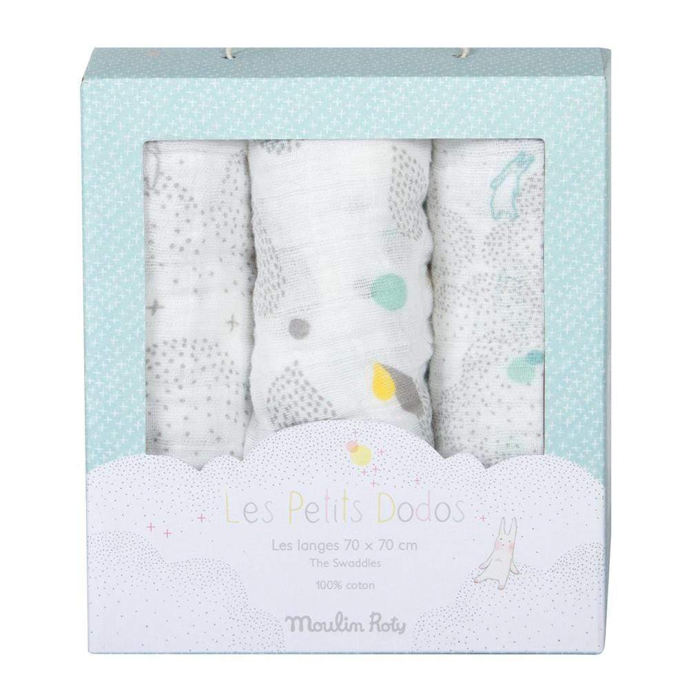 Muselinas (Gris/Blanco/Azul) Petits Dodos Moulin Roty