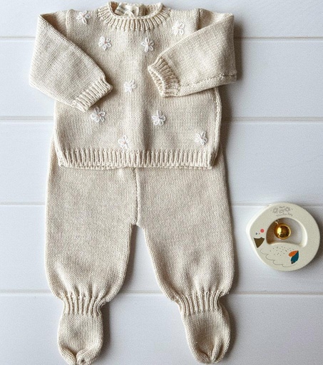 [PK20] Set batita y pelele tejido Beige Margaritas blancas RN Pee